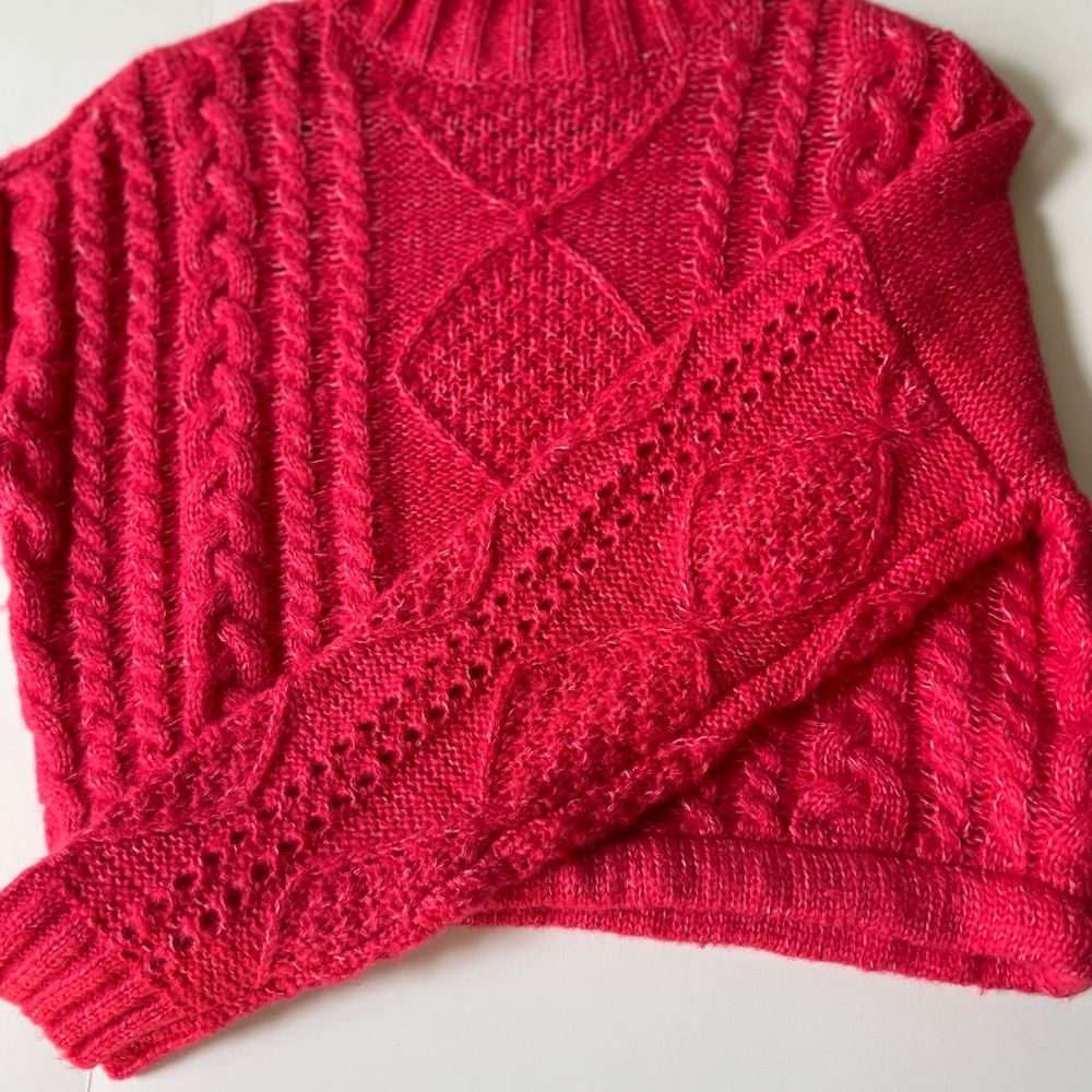 Sanctuary Cable Knit Cropped Sweater Sz S Neon Pink Mock Neck Stretch Sweater - Picture 5 of 13